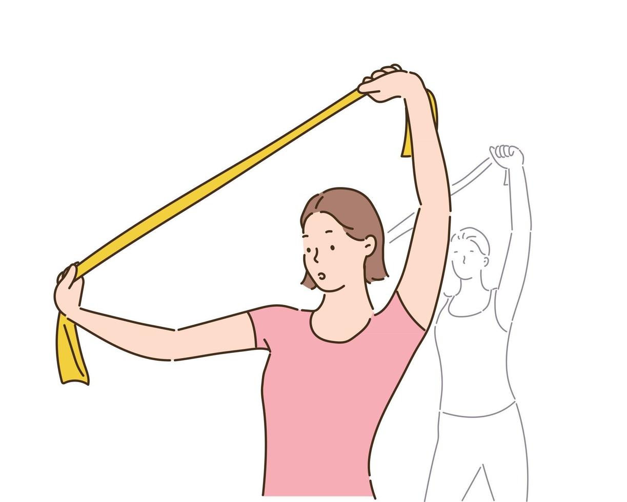 A woman is exercising with a rubber band in her hand. hand drawn style vector design illustrations.