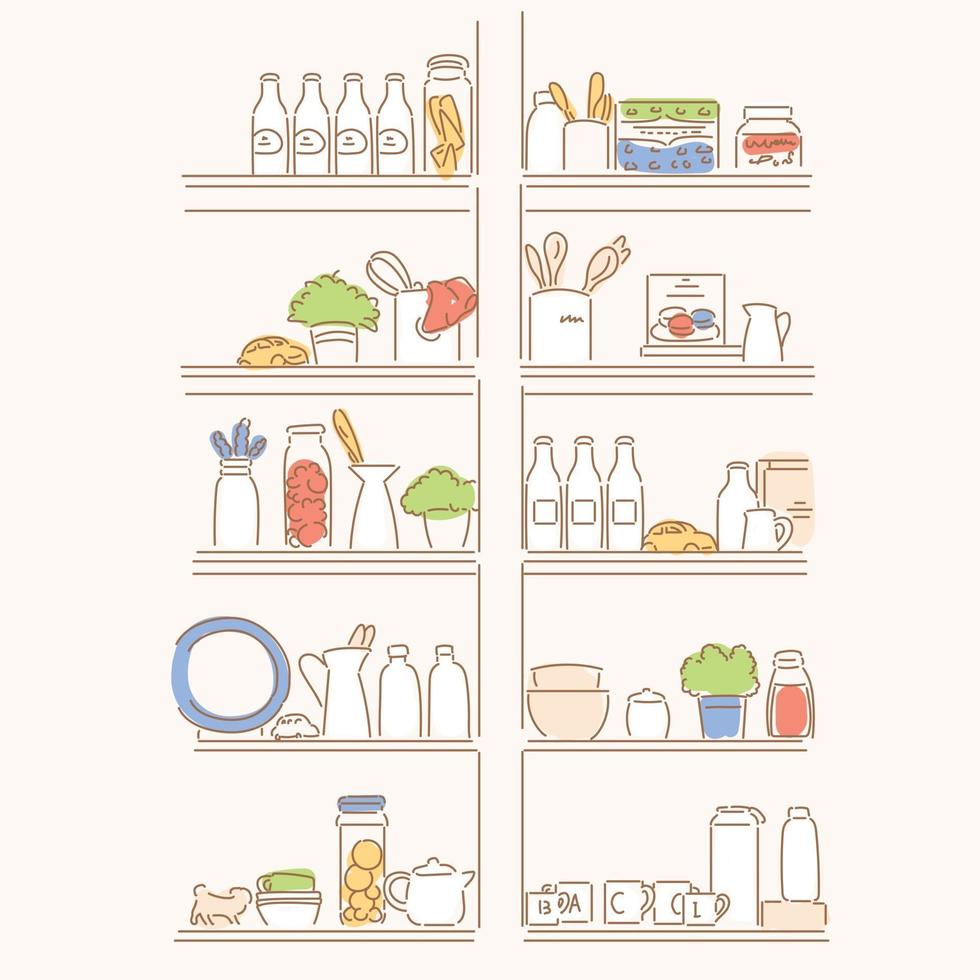 Food ingredients on the kitchen shelves. hand drawn style vector design illustrations.