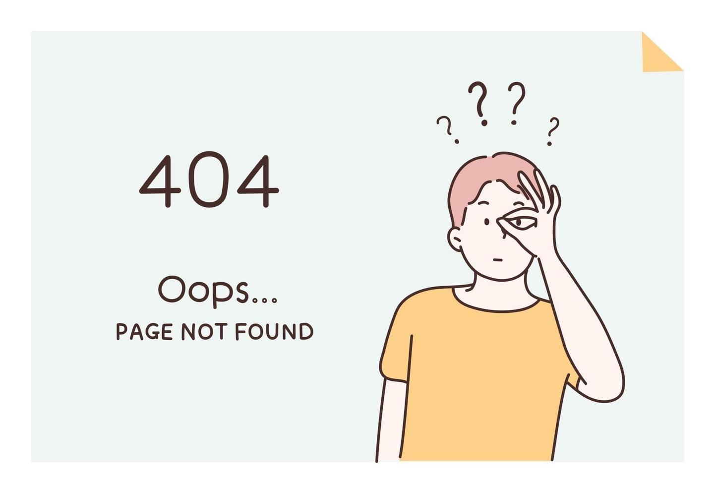 computer error screen. A question mark floats above a man's head with a 404 message. hand drawn style vector design illustrations.
