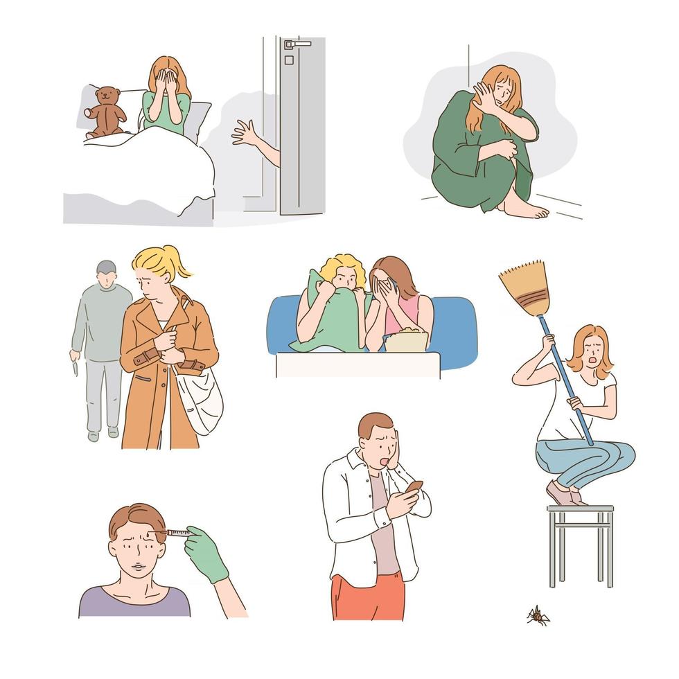 Various objects of fear that humans have. hand drawn style vector design illustrations.