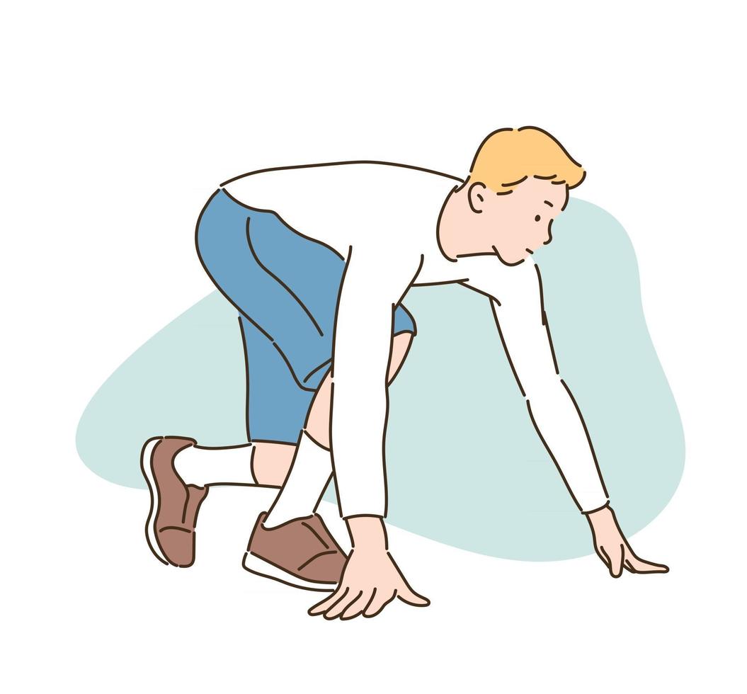 A man is in a warm-up position before running. hand drawn style vector design illustrations.