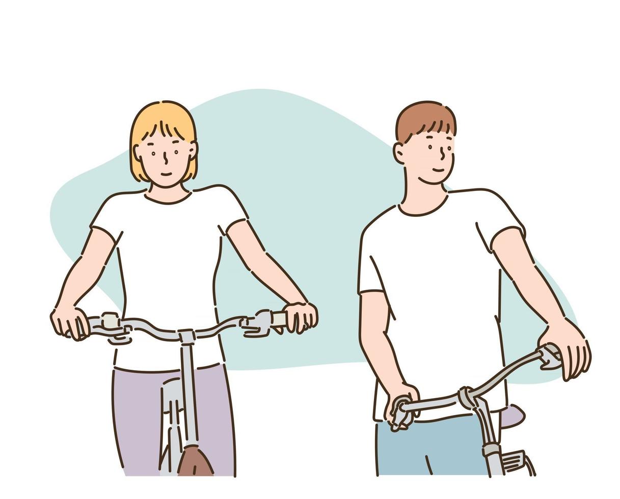 A man and a woman are riding bicycles. hand drawn style vector design illustrations.