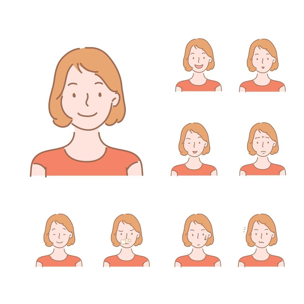 colección de iconos de diversas expresiones faciales de mujeres. ilustraciones de diseño de vectores de estilo dibujado a mano.