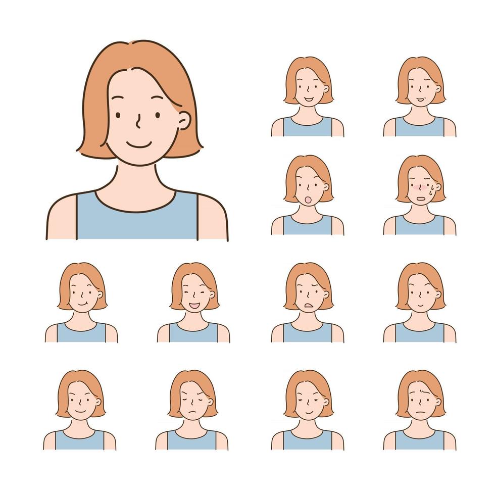 colección de iconos de diversas expresiones faciales de mujeres. ilustraciones de diseño de vectores de estilo dibujado a mano.