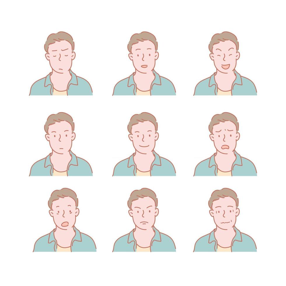 Collection of icons of various facial expressions of men. hand drawn style vector design illustrations.