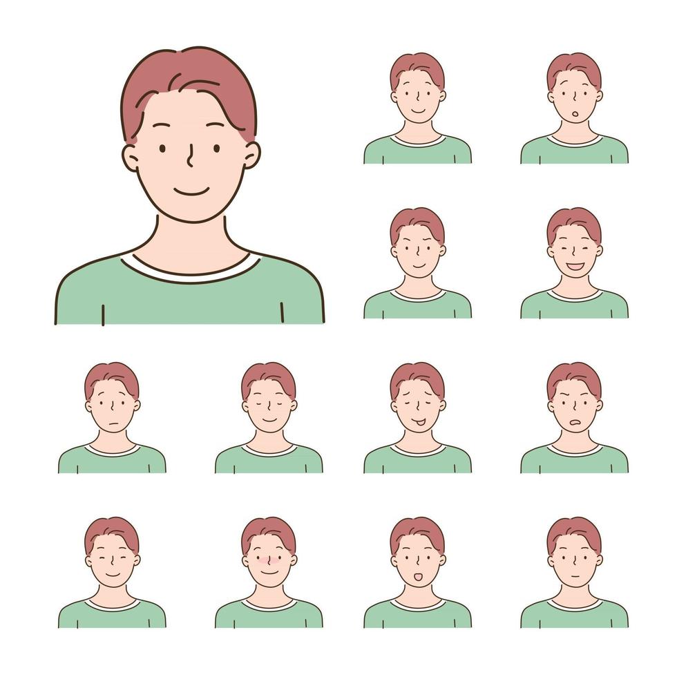 Collection of icons of various facial expressions of men. hand drawn style vector design illustrations.