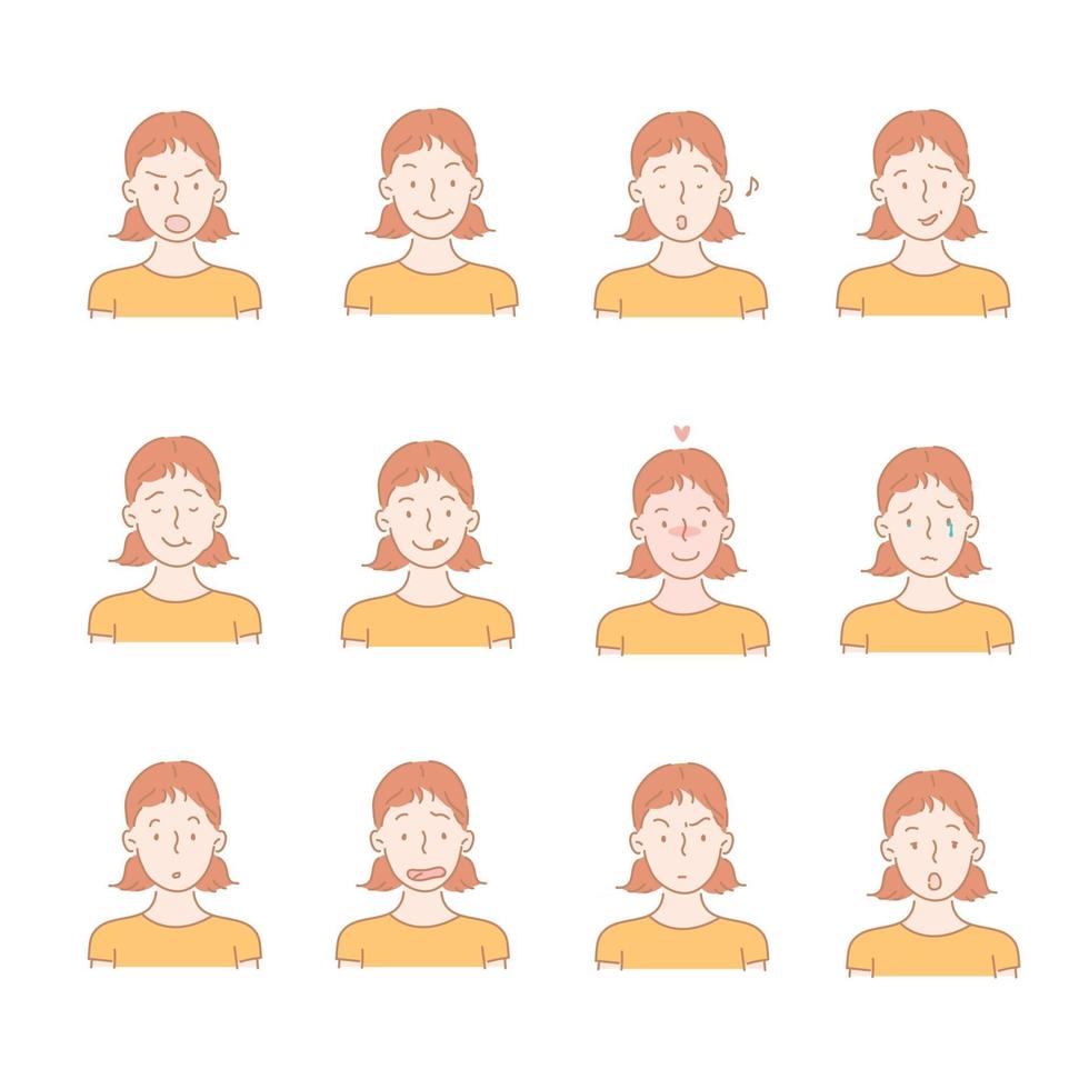 colección de iconos de diversas expresiones faciales de niña. ilustraciones de diseño de vectores de estilo dibujado a mano.