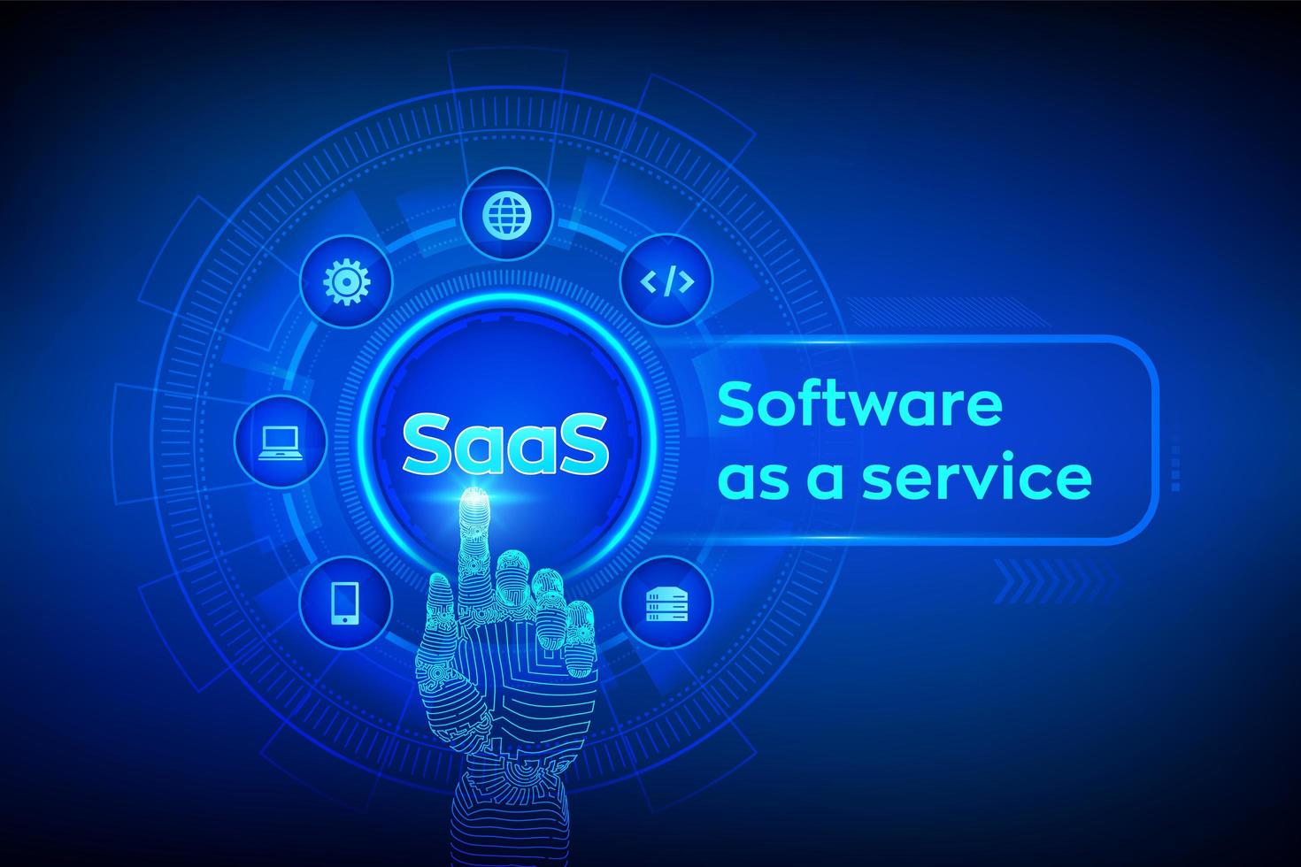 SaaS. Software as a service. Internet and technology concept on virtual screen. Development Concept. SAAS Computing IOT Industry. Robotic hand touching digital interface. vector