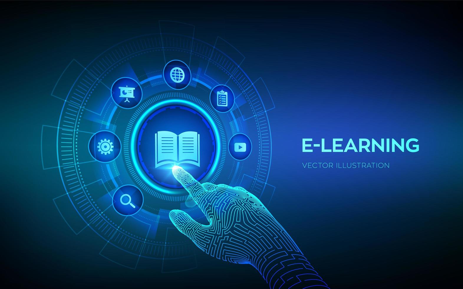 E-learning. Innovative online education and internet technology concept. Webinar, teaching, online training courses. Skill development. Robotic hand touching digital interface. Vector illustration.