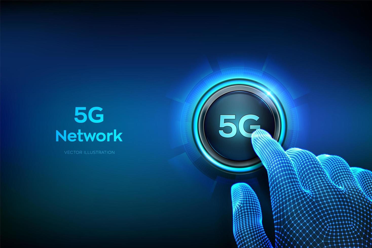 Sistemas inalámbricos de red 5g e internet de las cosas. primer dedo a punto de presionar un botón. ciudad inteligente y red de comunicaciones. Conexión wifi inalámbrica a internet móvil 5g. vector