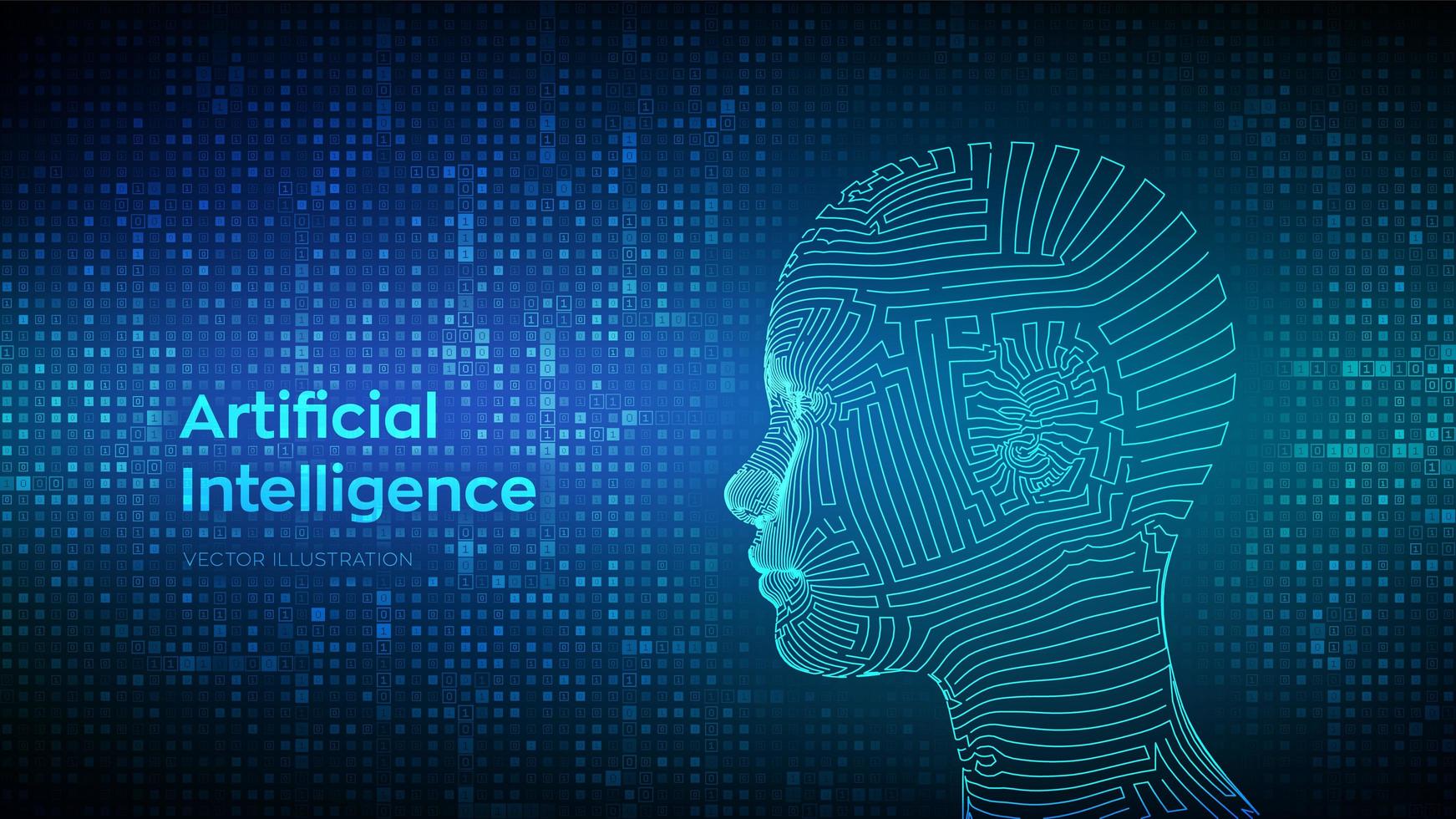 AI. Artificial intelligence concept. Abstract wireframe digital human face on streaming matrix digital binary code background. Human head in robot digital computer interpretation. vector