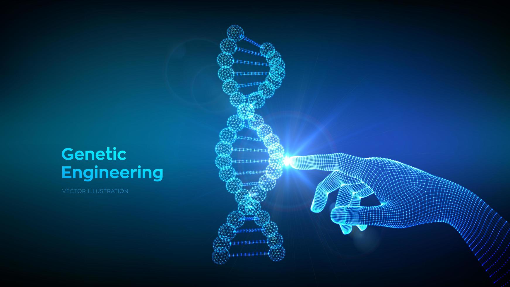 Hand touching DNA sequence molecules structure mesh. Wireframe DNA code editable template. Genetic engineering. Medical research. Science and Technology concept. vector