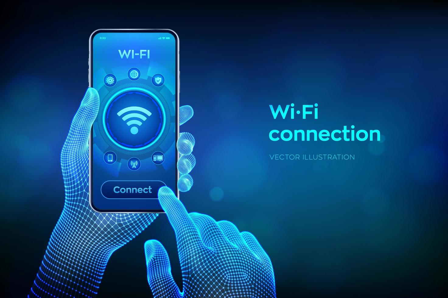 Wi Fi wireless connection concept. Free WiFi network signal technology internet concept. Closeup smartphone in wireframe hands. Mobile connection zone. Data transfer. vector