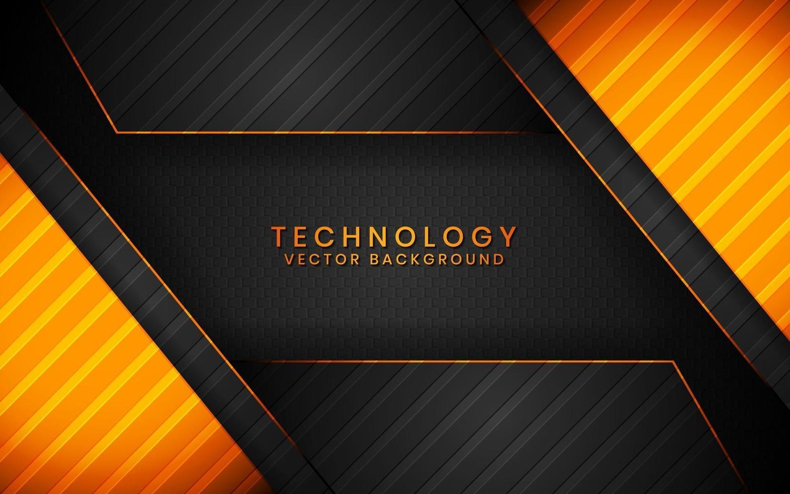 Abstract 3D black technology background overlap layers on dark space with orange light effect decoration. Modern graphic design template elements for poster, flyer, brochure, or banner vector