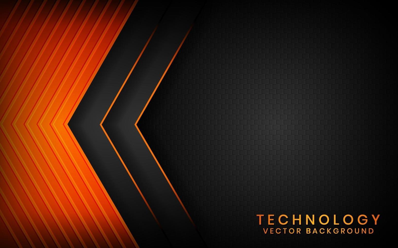 Abstract 3D black technology background overlap layers on dark space with orange light effect decoration. Modern graphic design template elements for poster, flyer, brochure, or banner vector