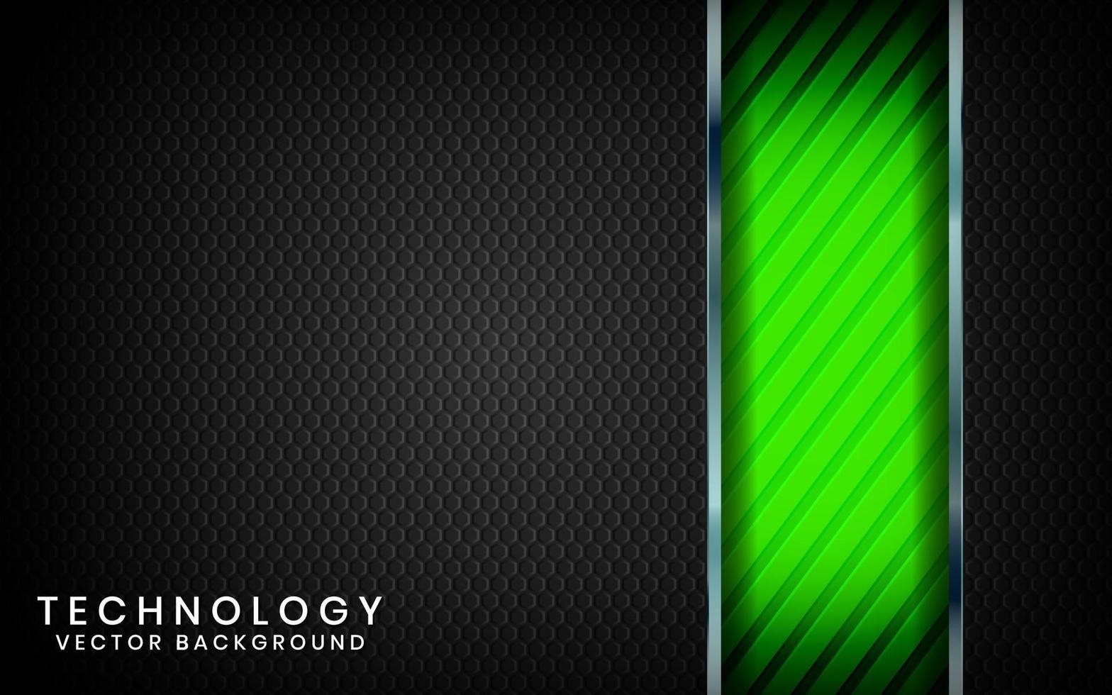 Abstract 3D black technology background overlap layers on dark space with green light effect decoration. Modern graphic design template elements for poster, flyer, brochure, or banner vector