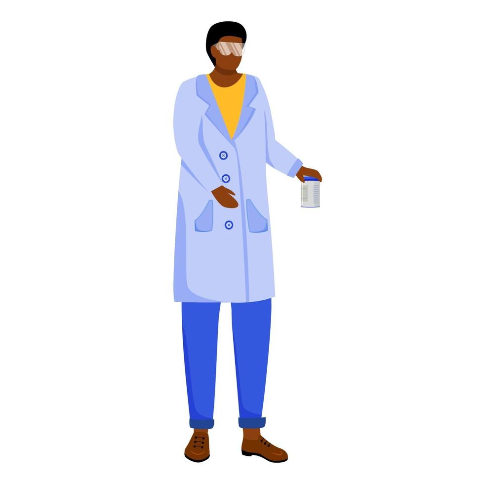 Scientist in lab coat with protection glasses flat vector illustration. Studying medicine, chemistry. Laboratory experiment. Woman with chemicals can isolated cartoon character on white background