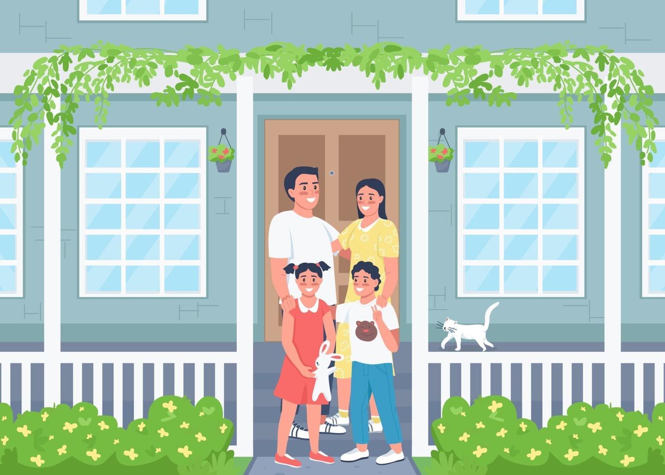 familia feliz, posar, en, casa, patio, plano, color, vector, ilustración vector