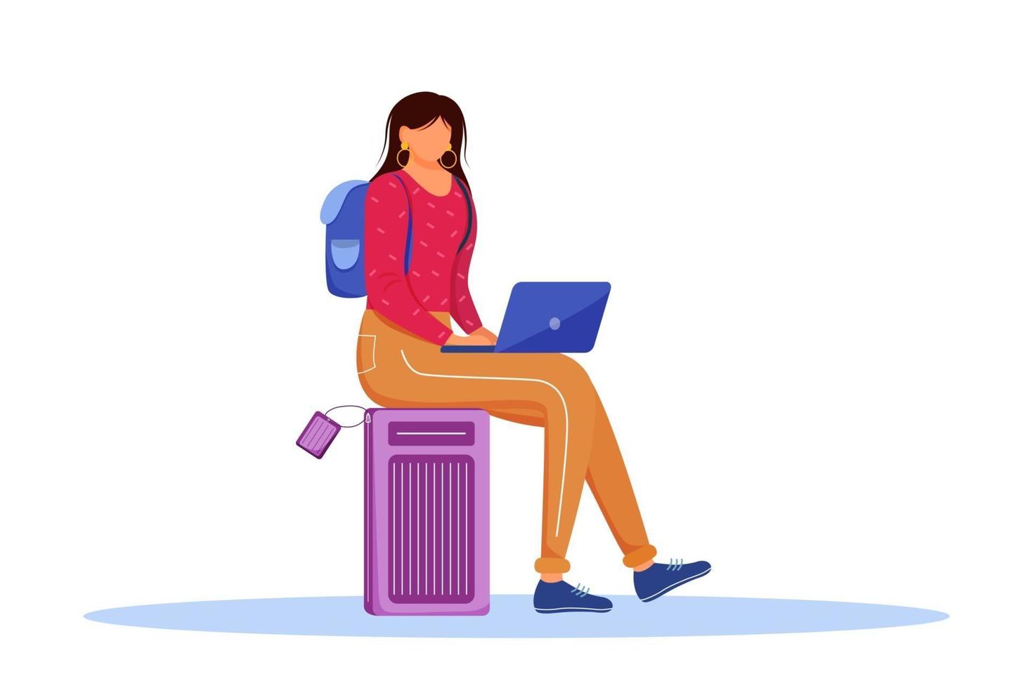 Using laptop during trip flat vector illustration. Booking hotel online. Working as freelancer while travelling abroad. Voyage preparation isolated cartoon character on white background