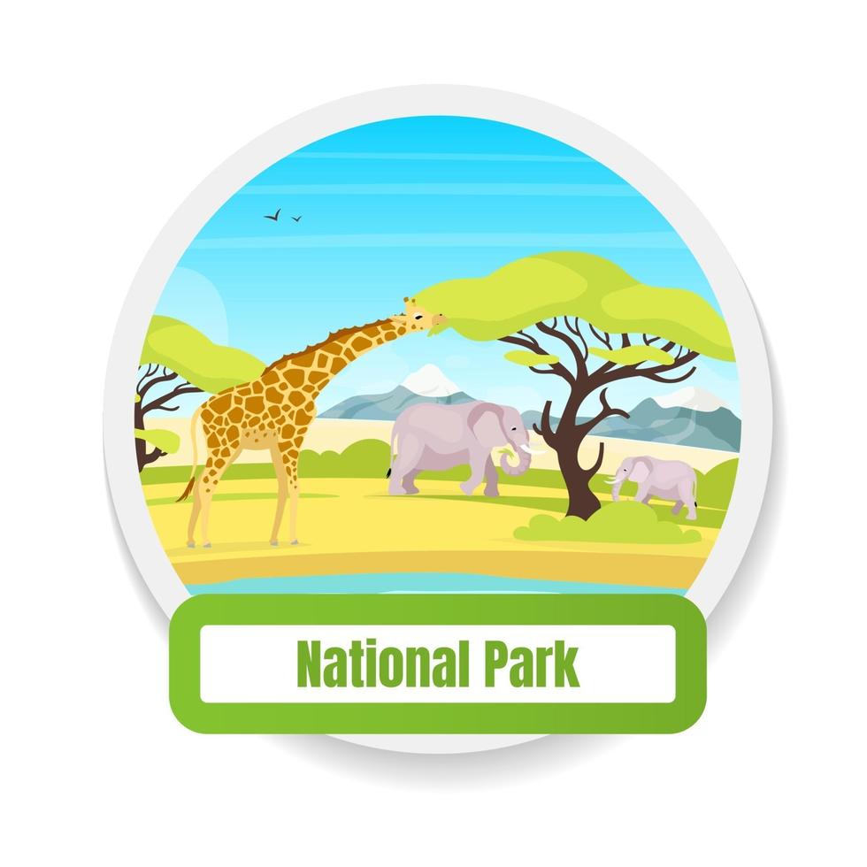 National park flat color vector badge. Animal observation. Trp to conservation. Tourism, journey. African savannah expedition graphic sticker. Wildlife isolated cartoon design element