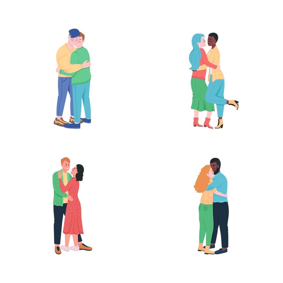 Happy hugging couples flat color vector detailed characters set