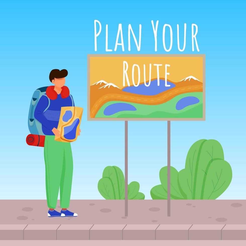 Plan your route social media post mockup. Boy with map. Active vacation. Advertising banner design template. Social media booster, content layout. Promotion poster, print ads with flat illustrations vector