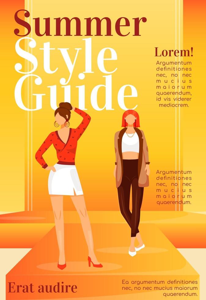 Fashion news magazine cover template. Runway models outfits. Journal mockup design. Vector page layout with flat character. Summer style guide advertising cartoon illustration with text space