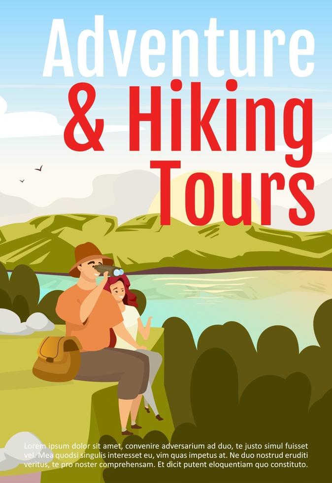 Adventure and hiking tours brochure template. Flyer, booklet, leaflet concept with flat illustration. Vector page cartoon layout for magazine. Expedition advertising invitation with text space