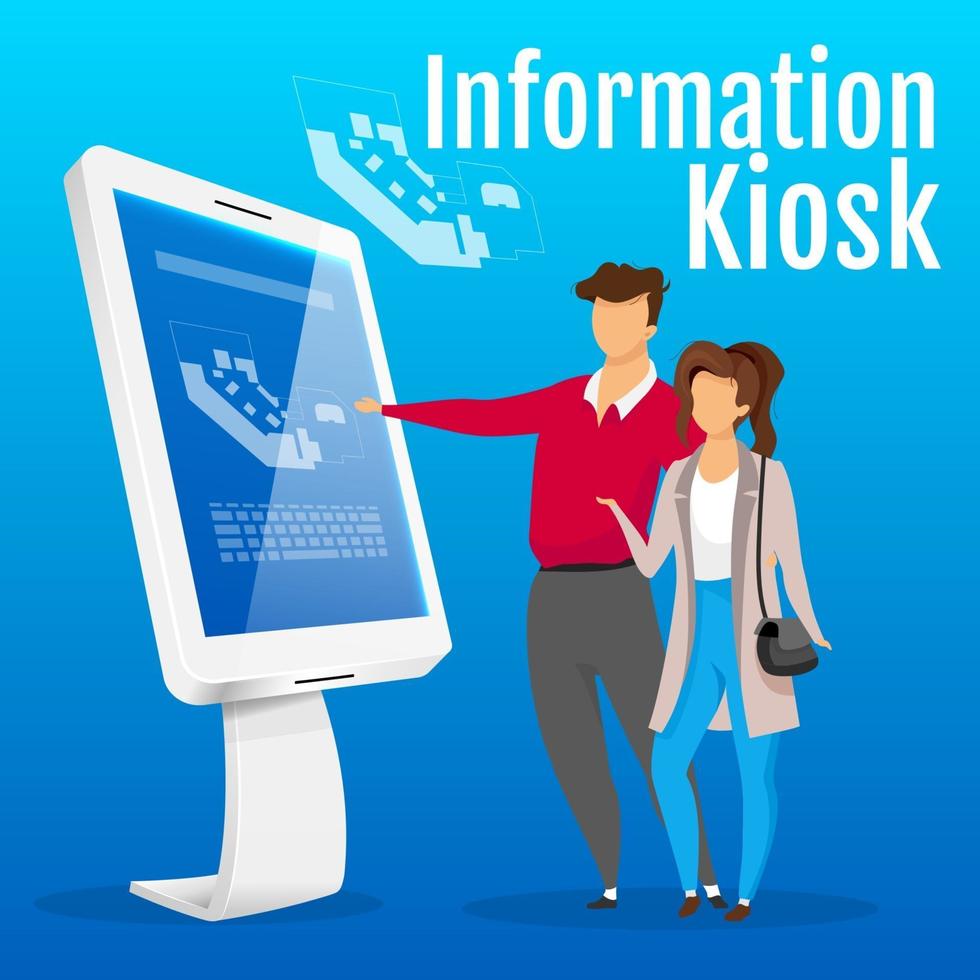 Information kiosk social media post mockup. Self service construction web banner design template. Tourists near electronic map booster, content layout with inscription. Print ads and flat illustration vector