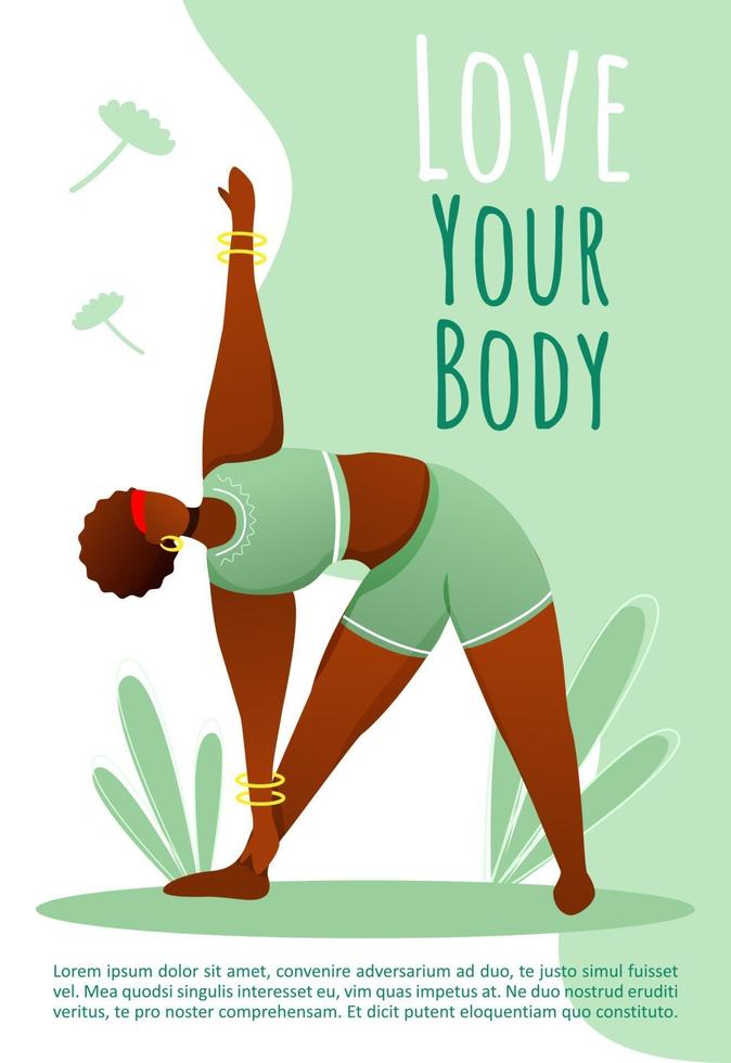 Me encanta la plantilla de folleto de tu cuerpo. Estilo de vida activo. salud femenina. folleto de yoga bodypositive, folleto, concepto de folleto con ilustraciones planas. diseño de dibujos animados de página vectorial para revista con espacio de texto vector