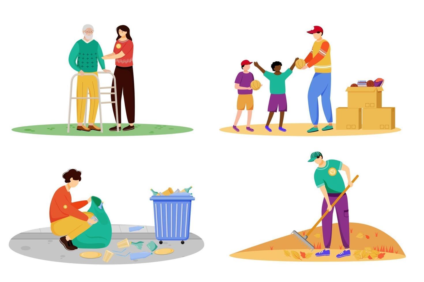 Charity activities flat vector illustrations set. Selfless volunteers, young activists isolated cartoon characters. Elderly people nursing, orphanage donation, garbage cleaning and community works