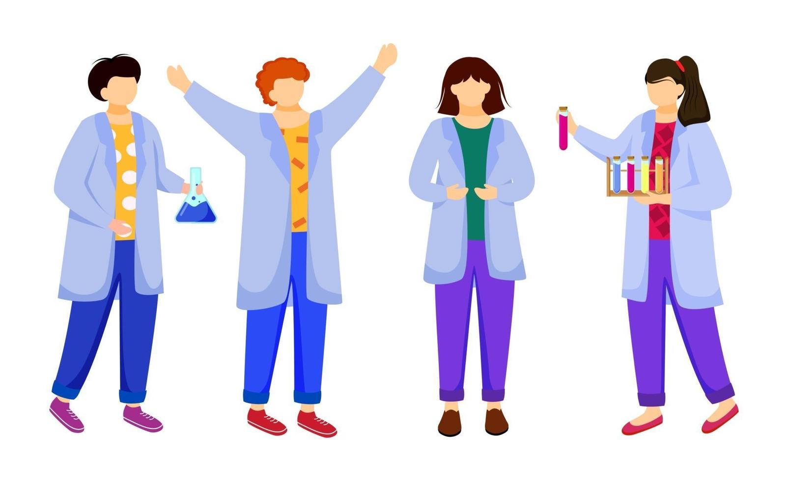 estudiantes de ciencias en batas de laboratorio ilustración vectorial plana. estudiando medicina, química. la realización del experimento. Los niños con tubos de ensayo, matraz de laboratorio personajes de dibujos animados aislados sobre fondo blanco. vector