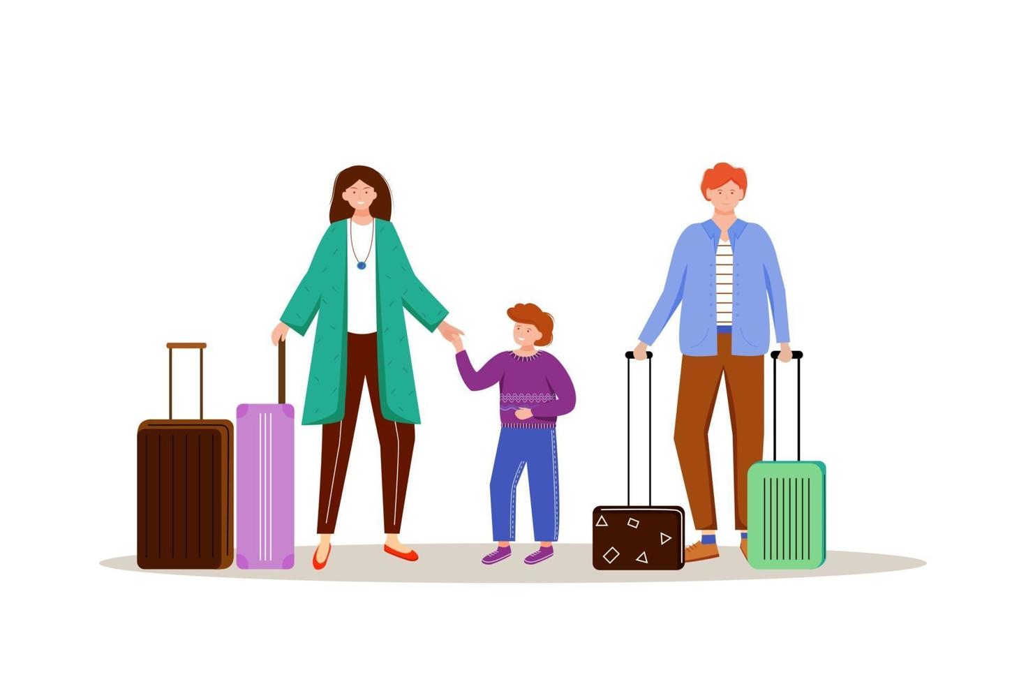 Family with luggage flat vector illustration. Getting ready for trip. Married couple with suitcases. Going on vacation. Voyage preparation isolated cartoon character on white background
