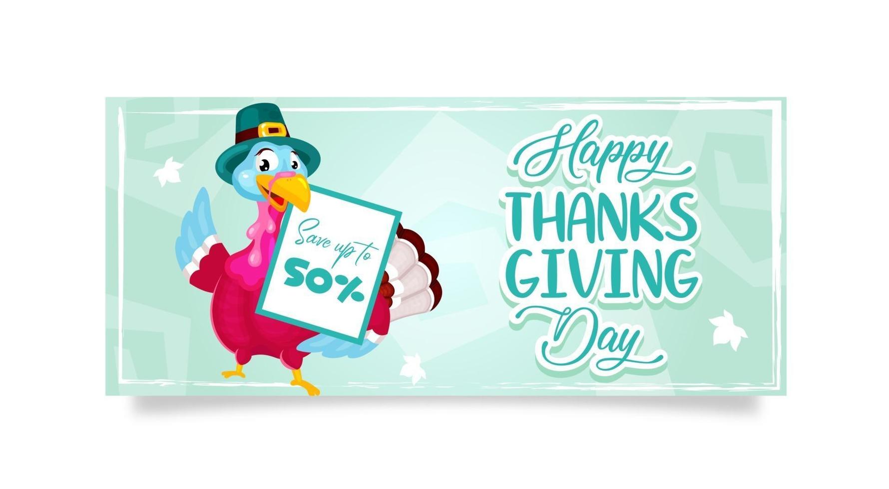 Happy Thanksgiving day flat poster vector template. Autumn holiday sale. Piligrims turkey with ad isolated cartoon character. Banner, brochure, leaflet design layout with place for text