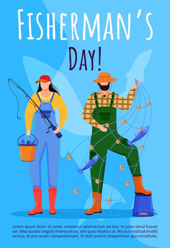 Fisherman day poster vector template. Fishing. Professional holiday celebration. Brochure, cover, booklet page concept design with flat illustrations. Advertising flyer, leaflet, banner layout