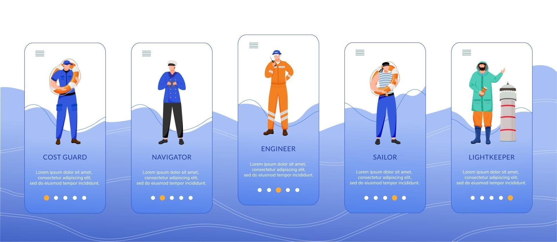 Profesiones marítimas incorporación de plantilla de vector de pantalla de aplicación móvil. guardacostas, ingeniero y navegante. paso a paso del sitio web con caracteres planos. concepto de interfaz de dibujos animados de smartphone ux, ui, gui