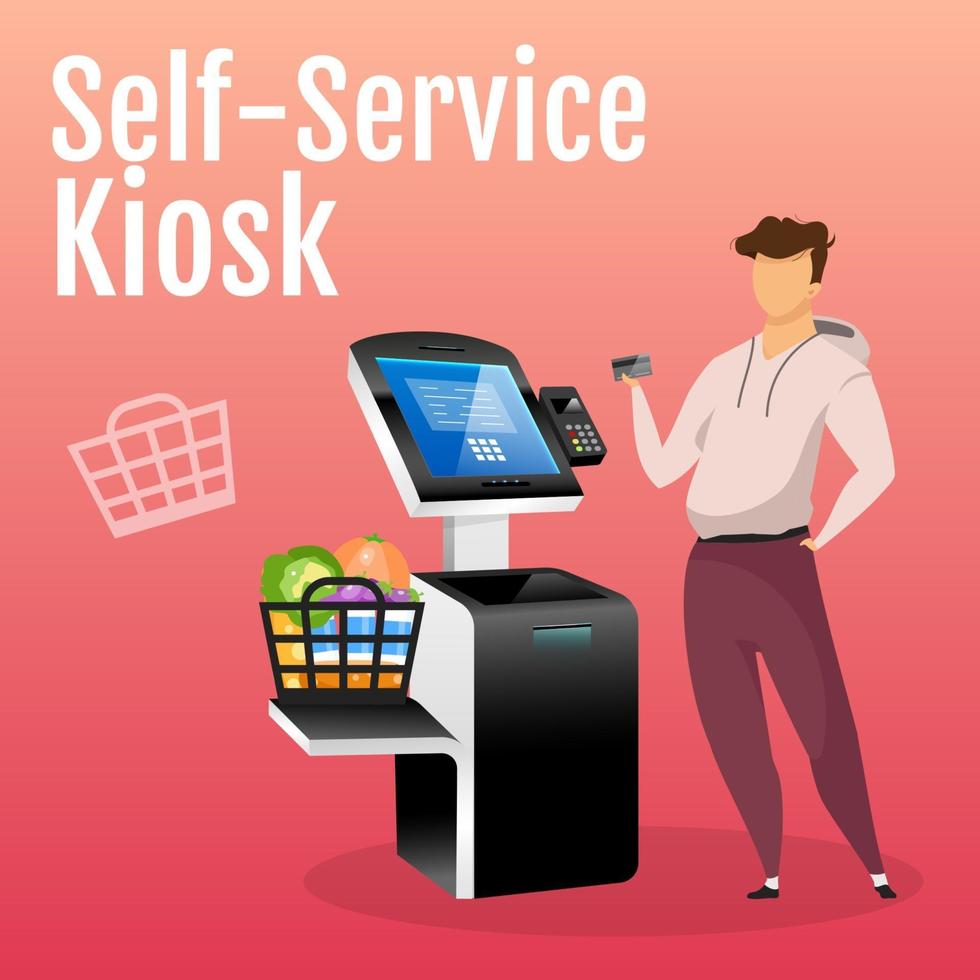 Self service kiosk social media post mockup. Store payment machine web banner design template. Shopping online counter booster, content layout. Interactive freestanding construction poster vector