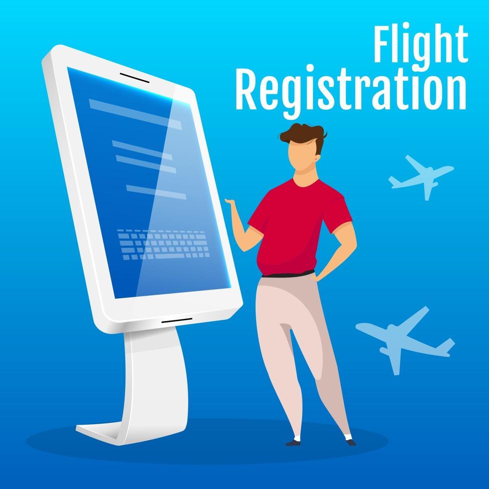 Flight registration kiosk social media post mockup. Airport interactive panel web banner design template. Self service counter booster, content layout with inscription. Poster and flat illustration vector