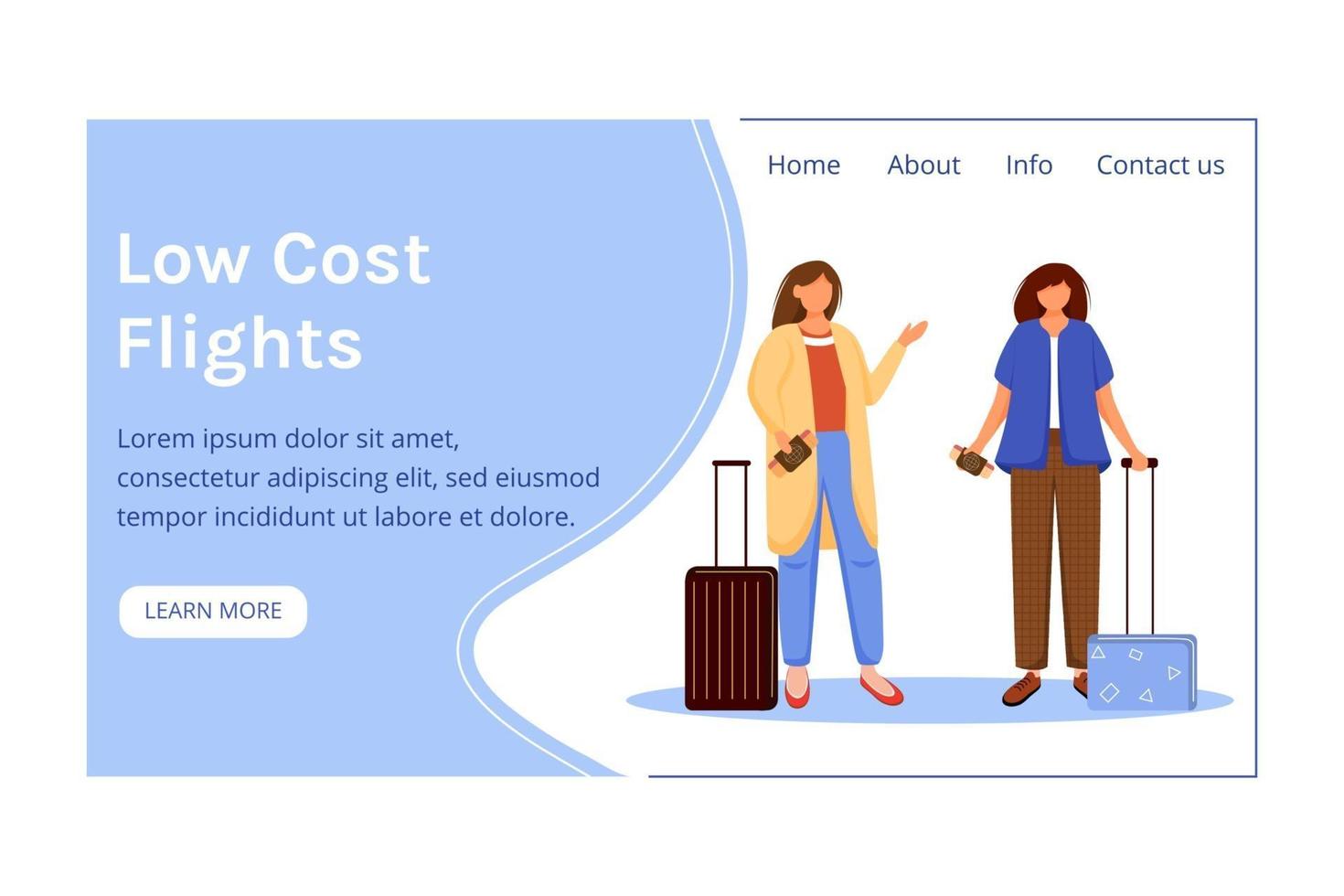 Low cost flights landing page vector template. Best travel deals website interface idea with flat illustrations. Budget tourism homepage layout. Cheap tickets web banner, webpage cartoon concept