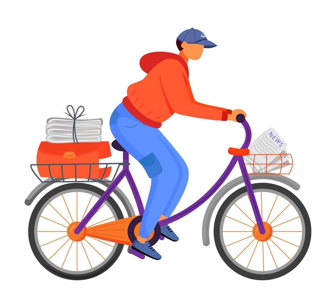 Ilustración de vector de color plano de trabajador de oficina de correos. joven distribuye noticias. servicio de entrega de bicicletas. portador de periódicos. Repartidor de periódicos en bicicleta personaje de dibujos animados aislado sobre fondo blanco