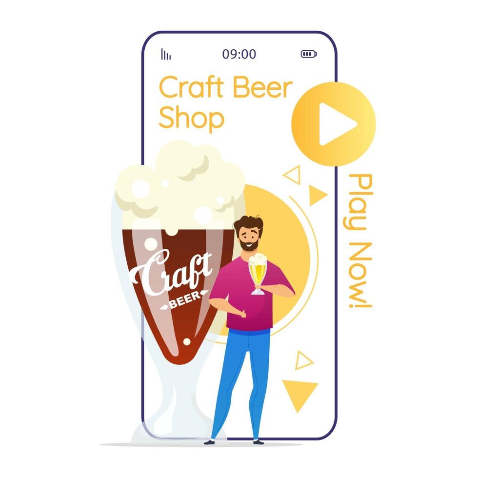 Pantalla de aplicación de vector de teléfono inteligente de dibujos animados de tienda de cerveza artesanal. juego de cervecería. microcervecería. hombre que sostiene una pinta de cerveza. Pantalla de teléfono móvil con maqueta de diseño de personajes planos. aplicación teléfono linda interfaz