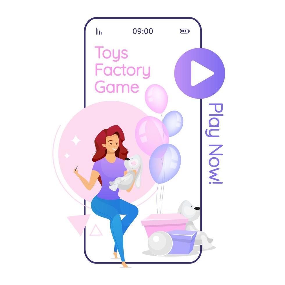 Toys factory game cartoon smartphone vector app screen. Woman making handicraft plush toy animal. Mobile phone displays with flat character design mockup. Application telephone cute interface