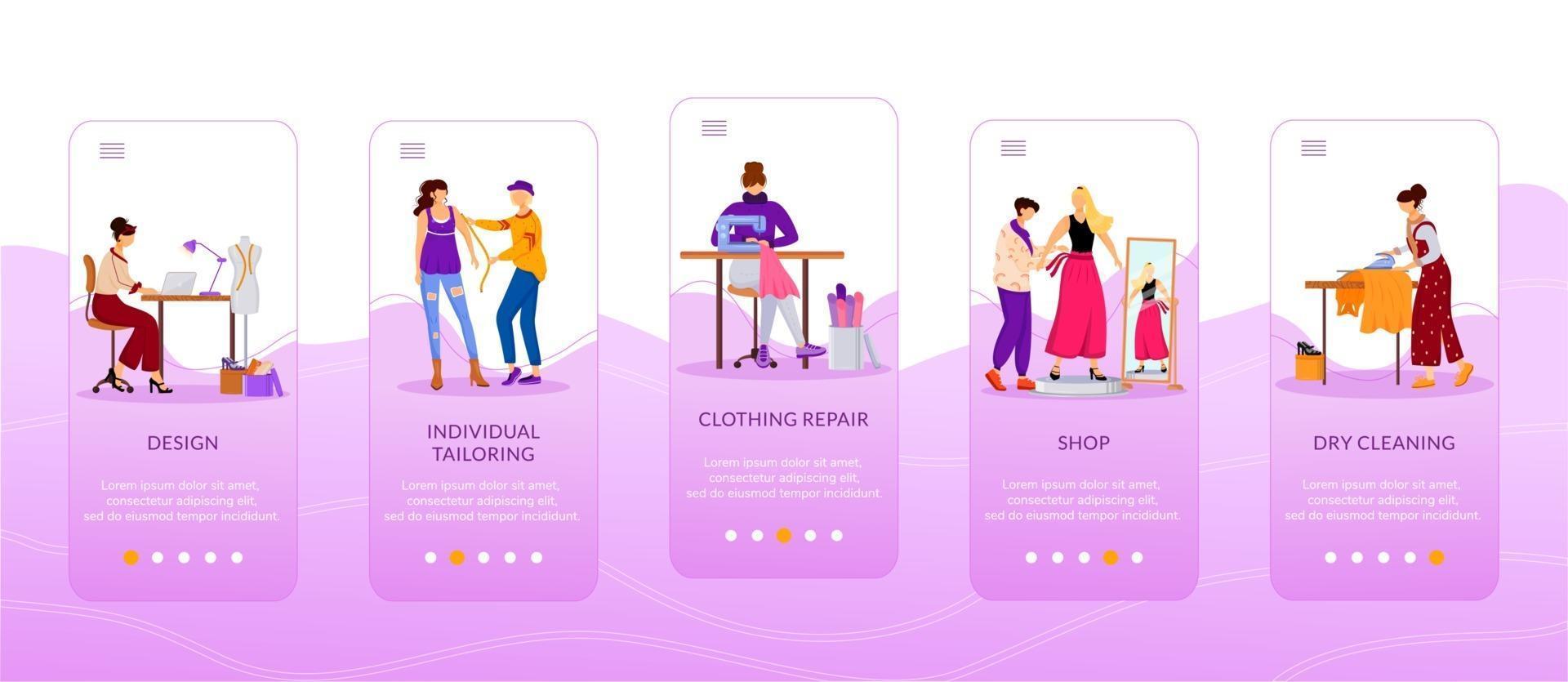 diseñadores de moda incorporando plantilla de vector plano de pantalla de aplicación móvil. confección individual. reparación de ropa. paso a paso del sitio web con personajes. ux, ui, interfaz gráfica de usuario del teléfono inteligente, juego de impresiones de la carcasa