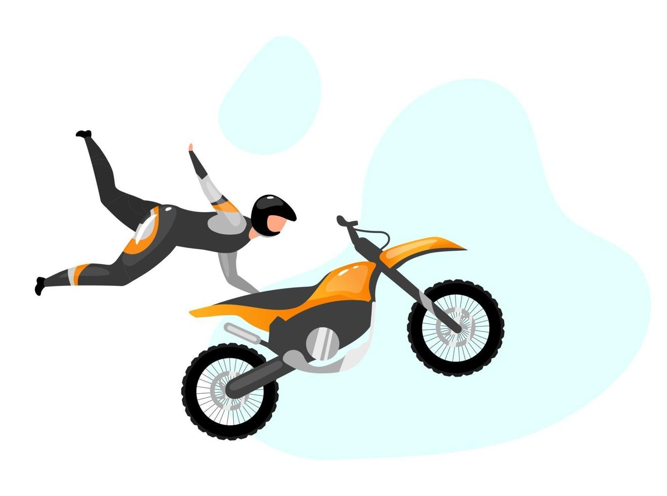 Motorcycle stunts flat vector illustration. Extreme sports. Active lifestyle. Stuntman air jumping. Outdoor activities. Rider with motorbike isolated cartoon character on blue background