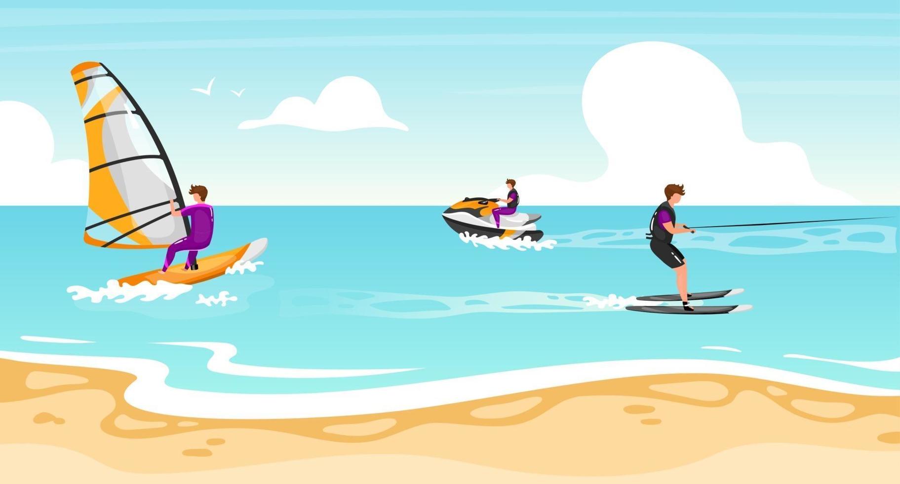 Water sports flat vector illustration. Windsurfing, water skiing experience. Sportsman on water scooter active outdoor lifestyle. Tropical coastline, turquoise waterscape. Athletes cartoon characters