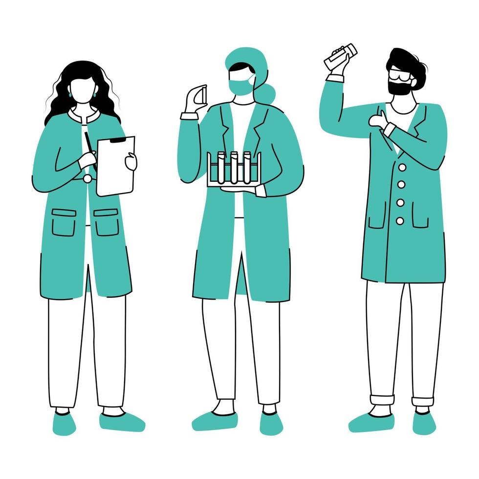 Scientists in lab coats flat contour vector illustration. Conducting experiment simple drawing. Women with test tubes, reactives isolated cartoon outline characters on white background
