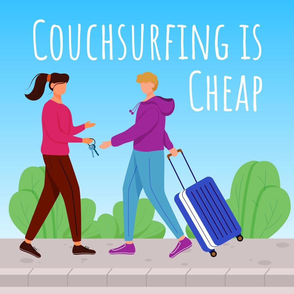 Couchsurfing is cheap social media post mockup. Lodging without charge. Advertising banner design template. Social media booster, content layout. Promotion poster, print ads with flat illustrations vector