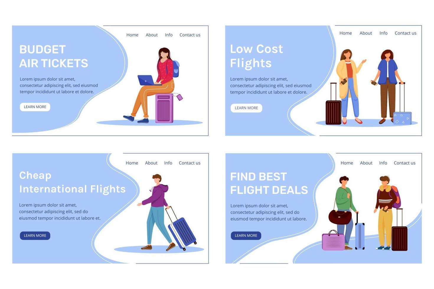 Budget tourism landing page vector template set. Best travel deals website interface idea with flat illustrations. Low cost flights homepage layout. Cheap tickets web banner, webpage cartoon concept