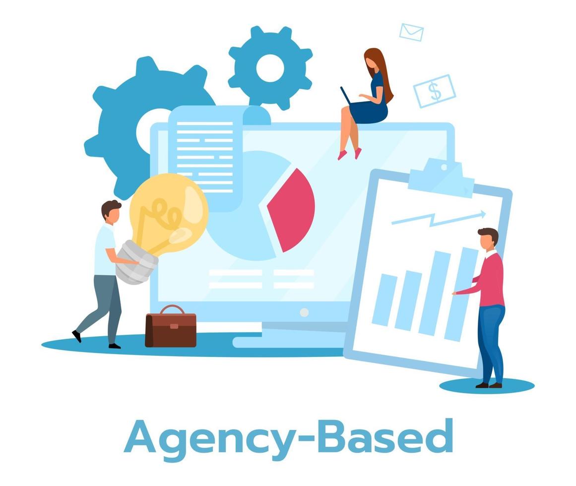 Agency based business model flat vector illustration. Partnership, cooperation. Coworking companies. Outsourcing. Financial statistics, annual report. Isolated cartoon character on white background