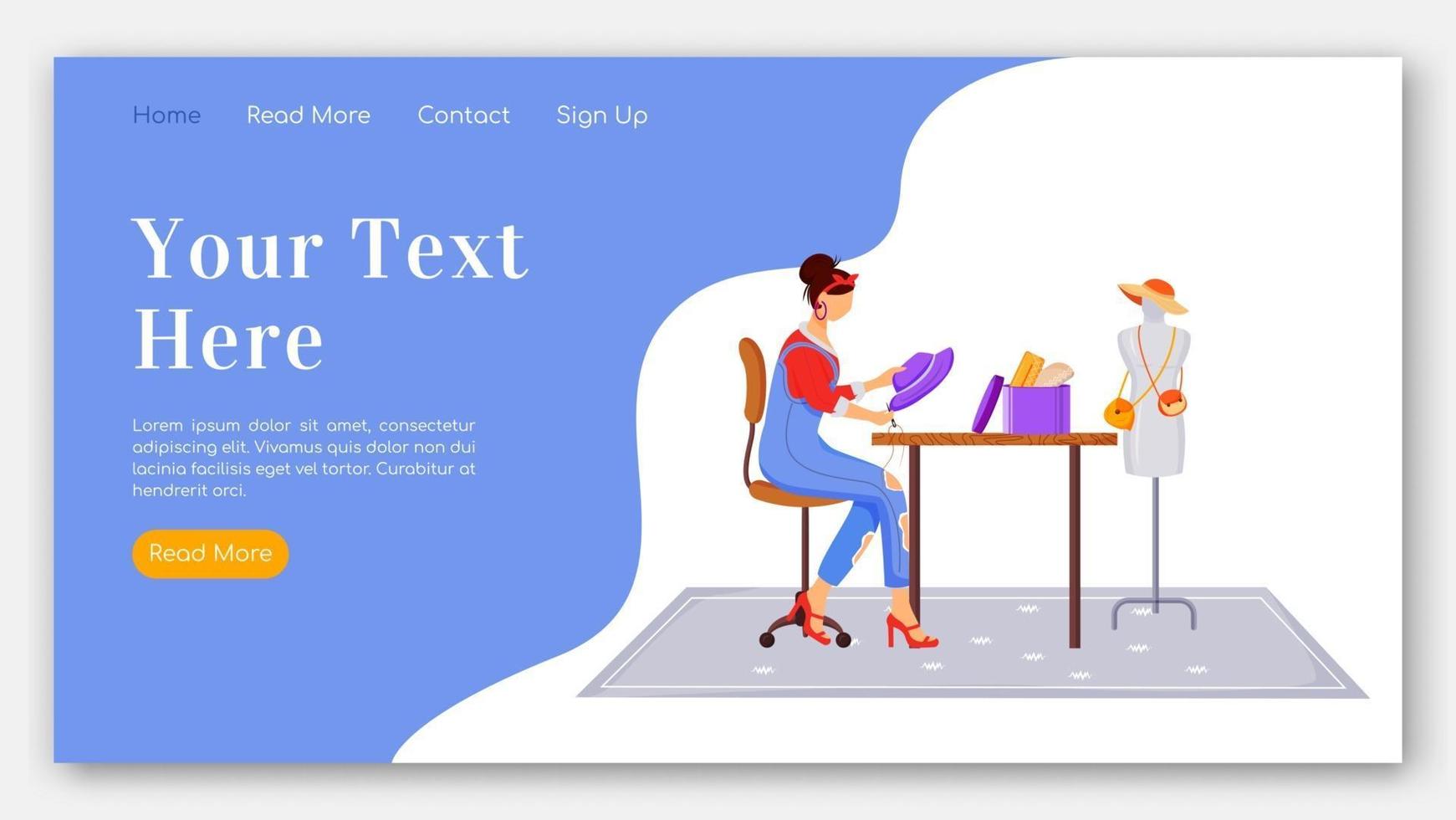 Fashion designer landing page flat color vector template. Creating hats and accessories homepage layout. Design clothes one page website interface with cartoon illustration. Atelier banner, webpage